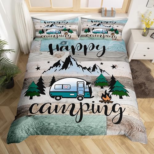 Erosebridal Kids Camping Bedding Set Twin Size Happy Camping Comforter Cover for Boys Girls Western Rustic Farmhouse Style Duvet Cover Vintage Old Barn Door Print Bedding Camper Decor Bedspread 2 Pcs