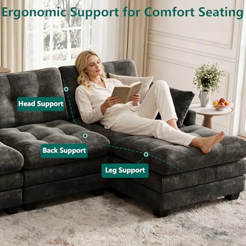 Image of Modular Sectional U Shaped Sofas Couches for Living Room, Tufted Cloud Couch with 2 Movable Ottomans, Comfy Chenille Deep Seat Sofa with Soft Pillows for Bedroom and Apartment, Black