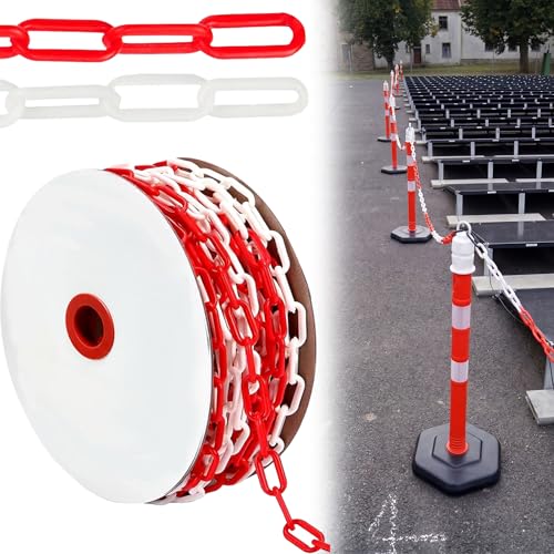 25m Absperrkette Rot Weiß Kunststoff: 6 mm Stärke Kette zum Absperren Warnkette aus Kunststoff für Barrieren in Auffahrten, Arbeitsplätzen und Garagen (1 Rollen)