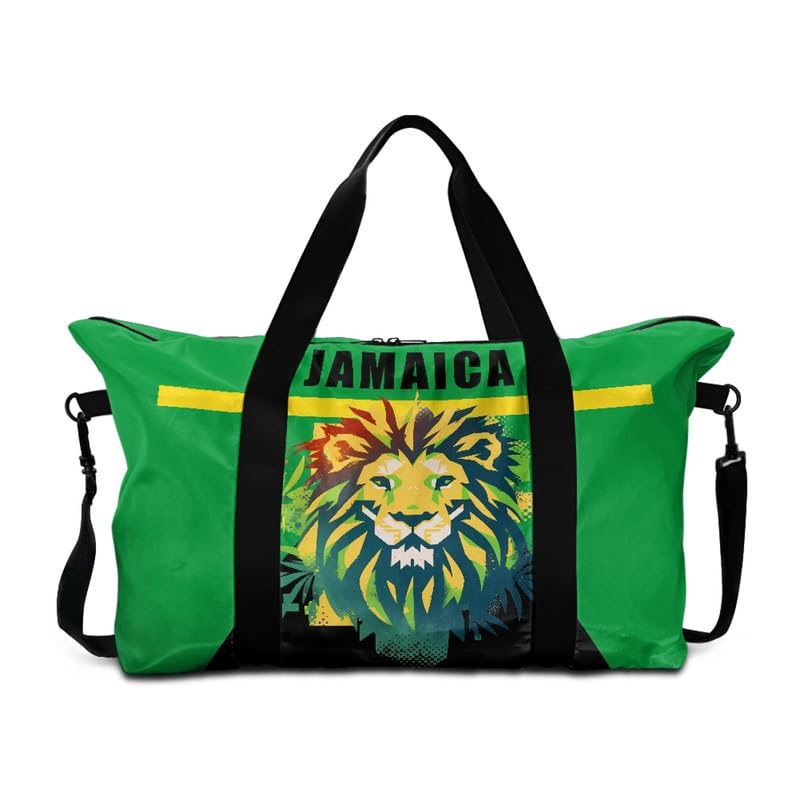 Jamaica Lion Print Travel Gym Duffel Bag - Weekender Bags for Women, Jamaica Flag Green Large Carry On Bag for Travel, Gym & Picnic