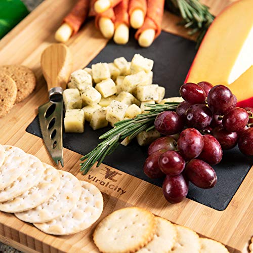 ViralCity Bamboo Cheese Board and Knife Set, Snack Tray Included, 13.8 x 13 x 1.6 Inch Wood Charcuterie Platter for Wine, Cheese, Meat, Large - Thumbnail 7