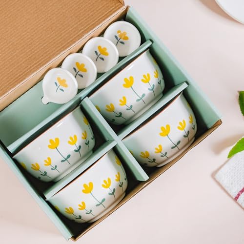 Image of Nestasia Ceramic Soup Bowl with Spoon Set of 4 (400ml Each) - Floral Microwave & Dishwasher Safe Bowl Set for Serving Soup, Curry, Custard, & Dessert - Perfect for Gifting & Daily Use (White & Yellow)