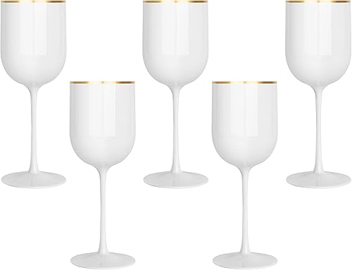 Miniatura 5 de PLASTICPRO Copa de vino blanco con borde dorado, juego de 5 copas de vino de plástico duro en tallo de 12 onzas