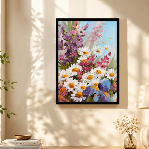 Image of PAINTINGMANTRA White Sunflowers Floral Framed Wall Art Painting for wall decoration, Multicolour MultiFlowers Poster with frame for living room, bedroom, Home and Office, 13x18 Inch