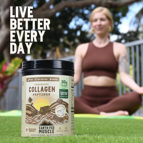 Image of Earth Fed Muscle Chocolate Collagen Peptides, Third-Party Certified. 20g Protein, Chocolate - Grass Fed, Non-GMO, Hormone Free, Gluten Free - Multi-Type - 19 Servings