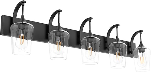 Ralbay Lámparas de baño negras mate, 5 luces, luces industriales negras de vidrio transparente, vintage, Edison negro mate, montaje en pared, para