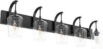 Ralbay Matte Black Bathroom Light Fixtures 5-Lights Industrial Black Vanity Lights Clear Glass Vintage Edison Matte Black Wall Mount Light Fixture for Bathroom