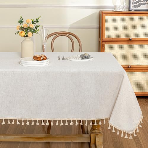 MYSKY-HOME-Table-Cloth-60x84-in-Rectangle-Table-Heavy-Duty-Cotton-Tassel-Linen-Look-Waterproof-Tablecloths-Farmhouse-Tablecloth-Wrinkle-Free-Table-Cover-with-Beige-Tassels-for-Kitchen-Dining-Party MYSKY HOME Table Cloth 60×84 in Rectangle Table Heavy Duty Cotton Tassel Linen Look Waterproof Tablecloths Farmhouse Tablecloth Wrinkle Free Table Cover with Beige Tassels for Kitchen Dining Party