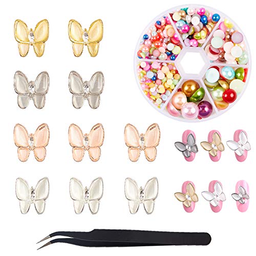 NICENEEDED Nail Decoration Set With 10 Pcs Butterfly Nail Art Stud Rhinestones Crystal And 1 Box 6 Sizes Mixed Color Flatback Pearl Cabochon Rhinestone For Nail Art DIY Design