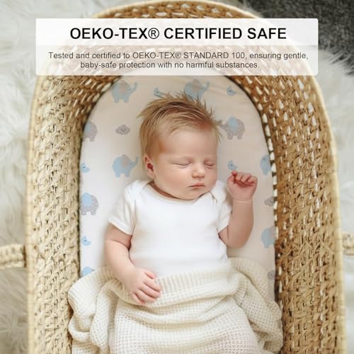 Image of Little Grape Land Bassinet Sheets for Baby Boys Girls 3 Pack, 33 inch x 18 inch Extra Soft Breathable Fitted Bassinet Sheets, Bedside Sheets Fit for Oval Rectangle and Hourglass Bassinet Mattress (Dinosaur)