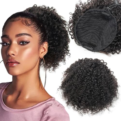 ISHEENY Ponytail Extension Natural Negro 25CM Pelo Humano Cola de Caballo Extensiones de Pelo con Cordón Peluca Larga Natural Afro Kinky Rizado Ponytail para Trenza para Mujer