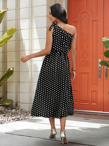 Image of ECOWISH Womens Summer One Shoulder Maxi Dress Casual Polka Dot Midi Dresses Sleeveless Long Pockets Sundress Beach Vacation