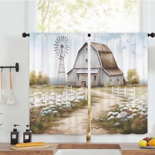 Kalmico Farmhouse Farm Painting Kitchen Curtains 27.5W x 39L Inch Windmill Landscape Scene Barn Rustic Rod Pocket Short Cafe Tier Small Window Treatment Drapes Decor 2 Panels