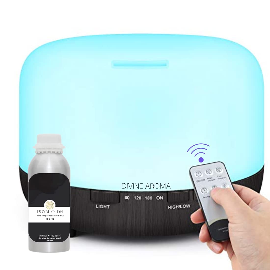 Divine Aroma Dark Wooden White Aroma Diffuser/ Air Humidifier Remote Control, 7 LED Option Lamp Ultrasonic & Royal Oudh Aroma Oil/ Fragrance Oil 100ml Exotic Fine Aroma For Home Fragrance, Spa, Hotels, Resort, Retails Shop, Office, Receptions