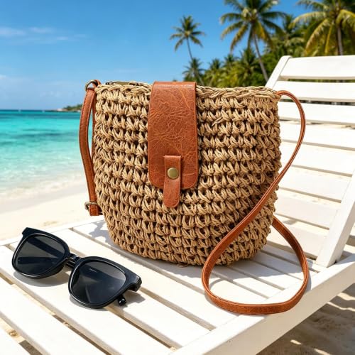 Image of Straw Bag Beach Purse Summer Purses for Women Vacation Handbags Woven Crossbody Bags Straw Shoulder Bag