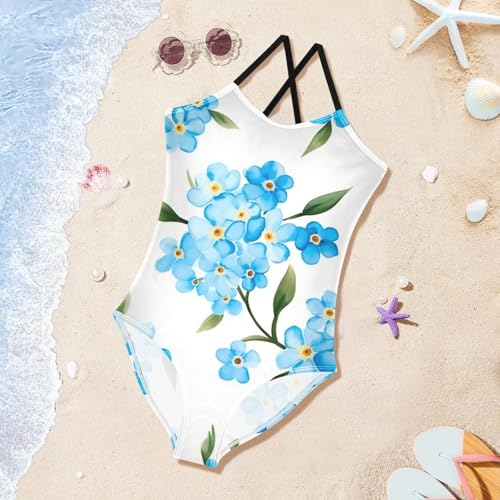 Girls One Piece Swimsuits Blue Forget-me-not Flowers Pattern Sport Halter Swimwear Beach Bathing Suit, 3T4