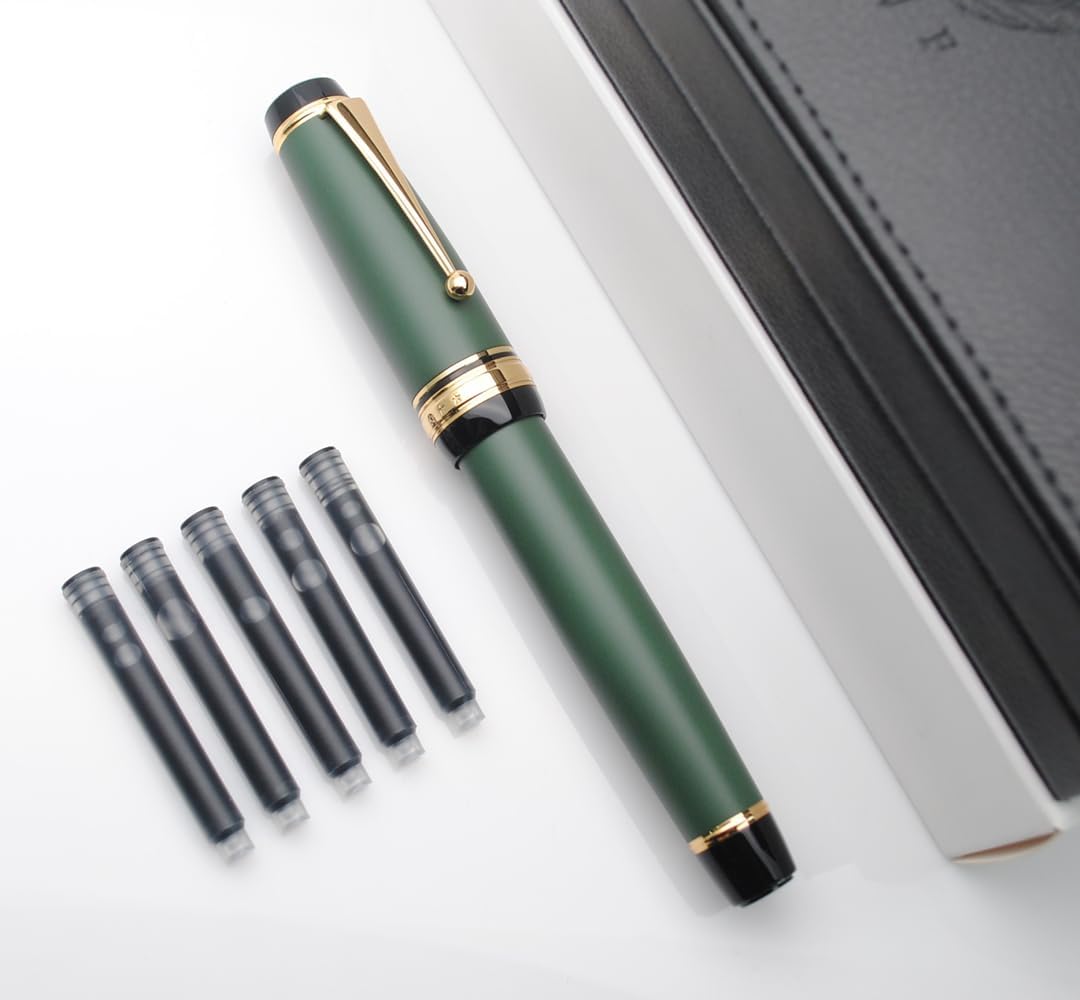 Metal Big Fountain Pen Set Medium Nib 0.7mm, Includes Ink Refill Converter, 5 Ink Cartridges & Gift Box (Medium Nib 0.7mm, Matte Green)