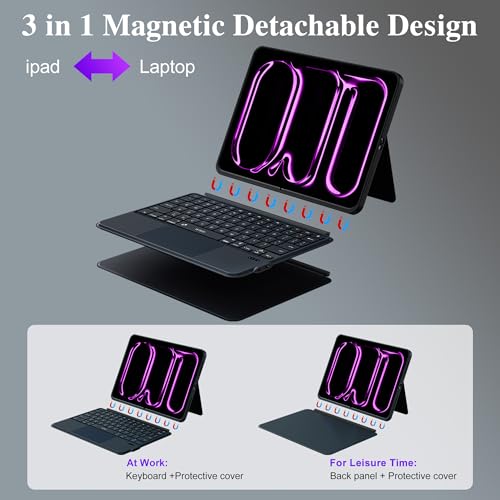 Image of WIWU iPad Pro 13 inch Case with Keyboard M4 /M5 2024 /2025 Magnetic Detachable 3 in 1 Case Bluetooth Keyboard Adjustable Stand 7 Colors Backlit Keys with Trackpad (Black, iPad Pro 13 inch(M4 /M5 2024 /2025))