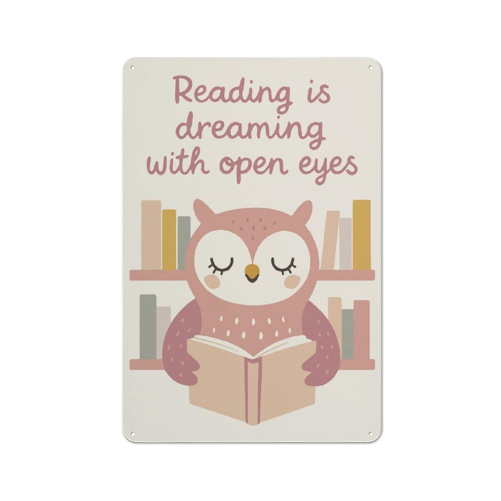 Junmoney Style-8 Metal Sign 30X20cm With Reading Owl Illustration For Workshop Wall, Vintage Decor, For Vintage Wall Decor Fans, For Metal Sign Collectors