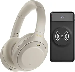 Sony WH-1000XM4 Wireless Noise Canceling Over-Ear Headphones (Silver) Bundle with 10000 mAh Ultra-Portable LED Display Wireless Quick Charge Battery Bank (Black) (2 Items)