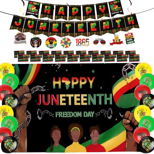 Image of Juneteenth Decorations Set, 20 Pack Small Juneteenth Flag Stick 5''x8'', Balloons, Banner, Backdrop, Hanging Swirls for Party