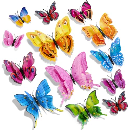 SAOROPEB 3D Butterfly Wall Decor 24 Pcs Double Layer Butterfly Decorations for Party Decorations Locker Decor Refrigerator Decal Reusable (Colorful)