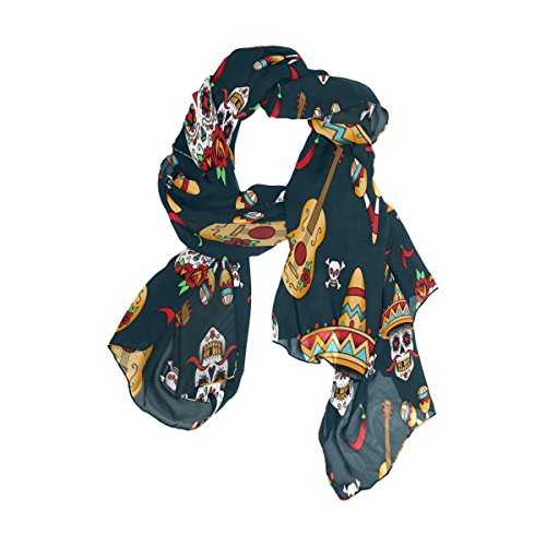 Use7 Écharpe longue en mousseline de soie avec motif tête de mort mexicaine Cover