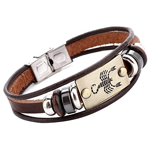 Image of Young & Forever Zodiac Sign Multi-Strand Genuine Leather Bracelet for Men & Boys - Adjustable Tribal Wristband with Antique Metal Charm
