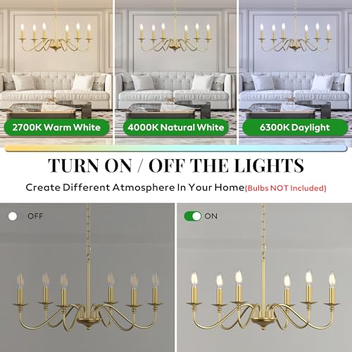 Image of Rustic Farmhouse Candle Chandelier for Dining Room, 6-Light Rustic Black Iron Light Fixture with Classic S-Arm Design for Kitchen Island, Living Room, Foyer-Brass Gold