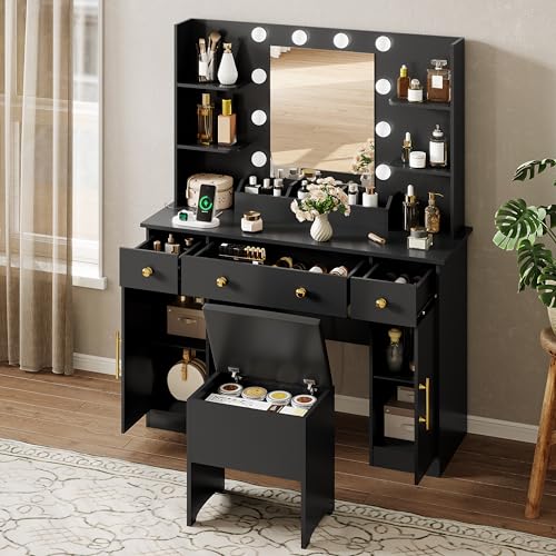 Image of HUANLEGO Vanity Desk with Mirror and Lights,Black Makeup Vanity with Charging Station & Stool, 3 Drawers and Cabinets, White Vanity Mirror with RGB LED Lights Makeup Desk and Chair for Women