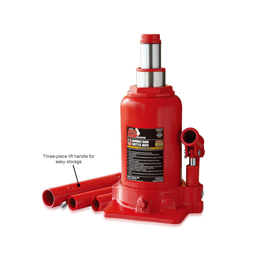 Torin Big RED 6T Hydraulischer Wagenheber (215-485mm) Stempelwagenheber Autoheber Doppel-Ram niedriges Profil Doppel Ram Bottle Jack für Werkstatt und Garage