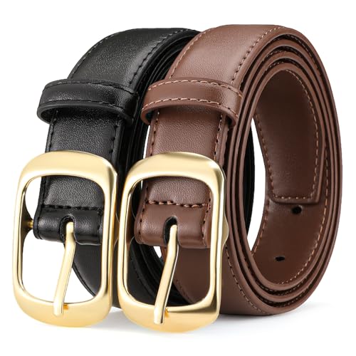 2 Pack Women's Leather Belt for Casual Jeans Pants Ladies Waist Belt with Pin Buckle