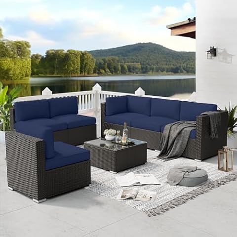 SOLAURA 7 Pieces Outdoor Patio Furniture Set, Black Brown Rattan Outdoor Patio Sectional Conversation Set, Modular Sofa Set with Coffee Table, Navy Blue Cover