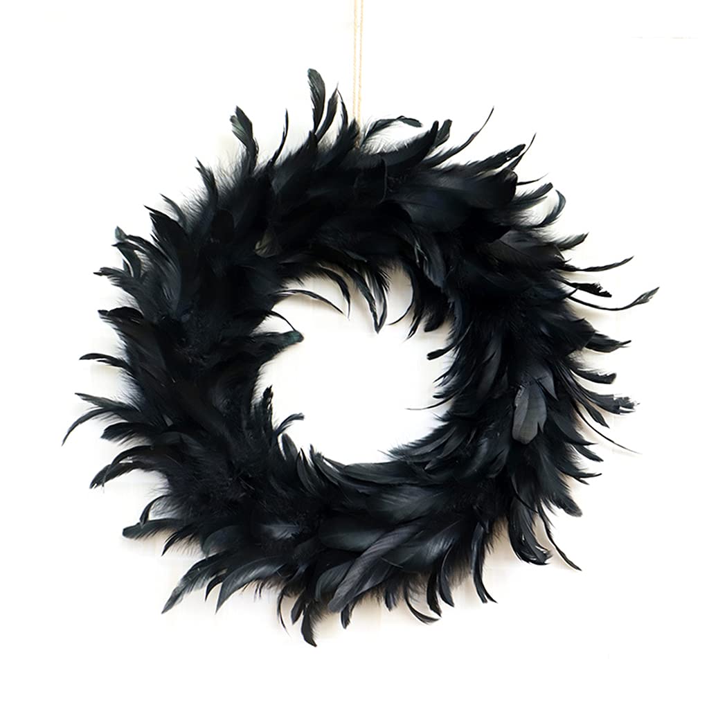 jojobasec 15.7in Natural Feathers Wreath Front Door Black Feather Wreath Spooky Scene for Porch Window Wall Indoor Outdoor Halloween Decoration