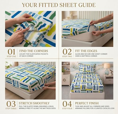 Image of BSB HOME 220 TC Cotton Fitted Single Bedsheet with 1 Pillow Cover, Soft Breathable, Elastic Fit, Fade Resistant, Easy Care - 36 x 72 + 6 Inches (Ocean Breeze Multi)