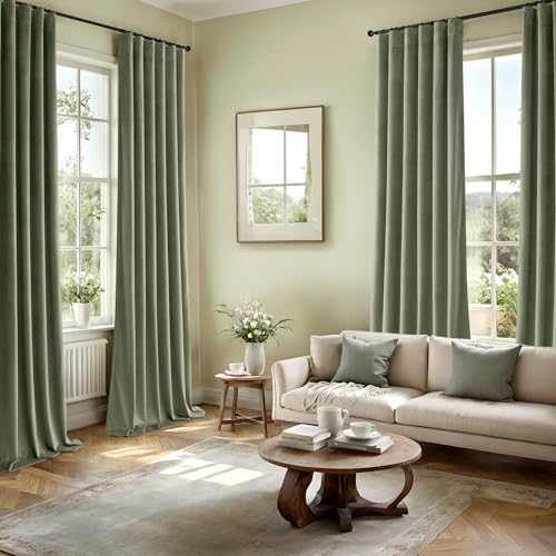 Image of MIULEE Velvet Curtains 50W x 96L 2 Panels Sage Green Blackout Curtains | Luxury velvet fabric, pinch pleat design, back tab hooks, thermal insulated, blackout light blocking, for living room bedroom