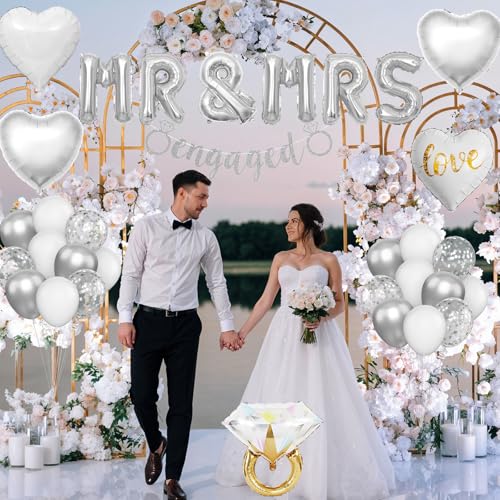 Image of Silver Engagement Party Decorations, MR and MRS Balloons Decor, Metallic