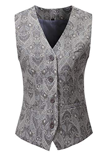 Vocni Women's Fully Lined 4 Button V-Neck Economy Dressy Suit Floral Jacquard Waistcoat,Gray&Blue,US L