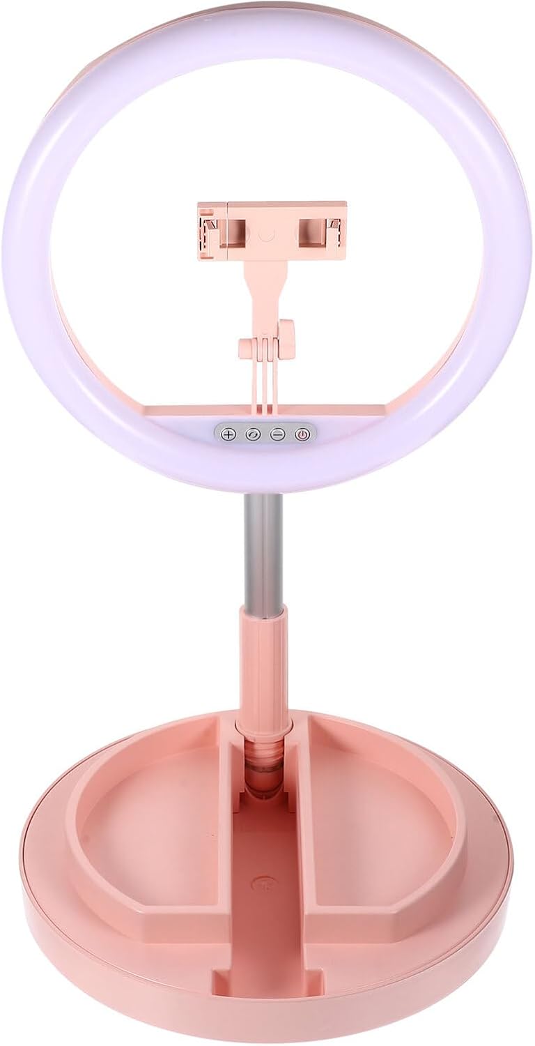 Foldable LED Ring Light with Adjustable Tri-Color Soft Eye Protection for Mobile Phone Live Streaming, Portable Beauty Lamp with Phone Bracket, Pink, Dc5.00v Compatible