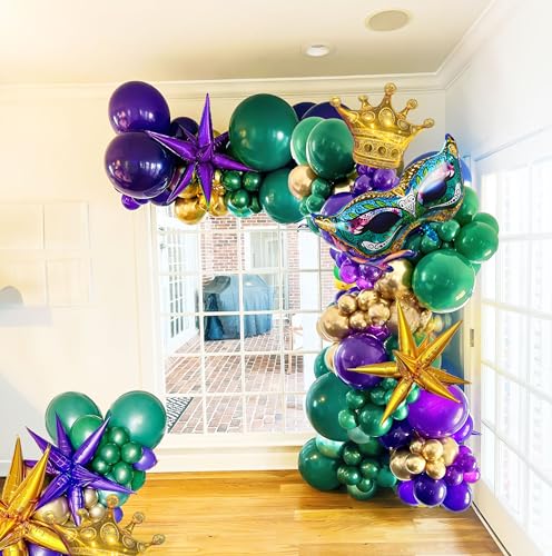Mardi Gras Purple Green Gold Balloon Garland Arch Kit 106 Pcs with large mylar star Crown Mardi Mask Balloons for 2026 Masquerade fat TuesdayTheme Decorations