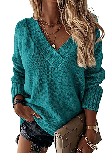 Womens Loose Sweaters Sexy V Neck Long Sleeve Solid Knitted Jumper Pullover Sweatshirt Tops, Lake Blue, M