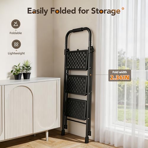 Image of HBTower 3 Step Ladder, Heavy Duty Step Stools for Adults, Safe-Lock Design & Handrail, Step Stool Foldable with Anti-Slip Pedal and Feet, Ladders for Home Kitchen Garage Outdoor, 330 Lbs, Black