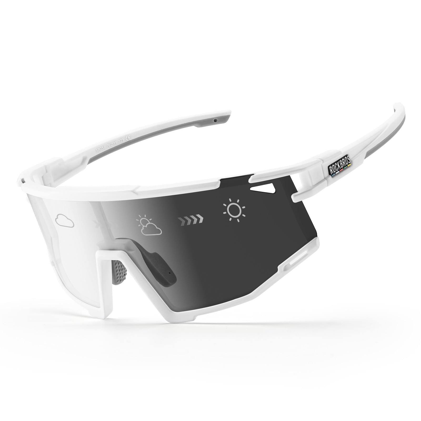 ROCKBROS Road-to-Sky Okulary Rowerowe Fotochromowe Okulary Przeciwsłoneczne Okulary Kolarskie Samoprzyciemniające się UV400 Okulary Sportowe MTB Ramka Myopia TR90 Unisex Baseball Bieganie Golf Biały