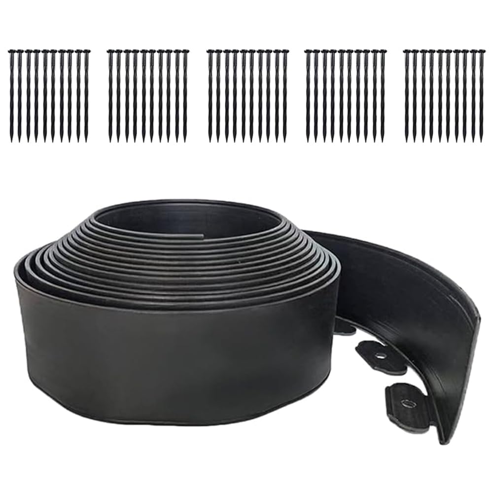 33FT Landscape Edging, 4 Inch Garden Edging Border with 50 Spikes, Flexible Lawn Edging for Landscape, Garden, Flower Beds, Lawn, Yard, Pathway, Paver Edge-Black