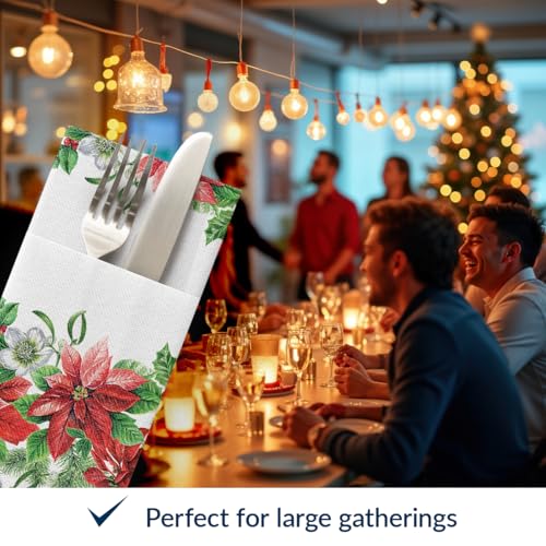 PAW - Christmas Linen Feel Napkins with Built-in Flatware Pocket, Absorbent Pre-Folded Dinner Napkins with Poinsettia, Guest Towels for Xmas Dinner, Wedding, Winter Holiday, Decorative Towel, 50 Count – Image 6