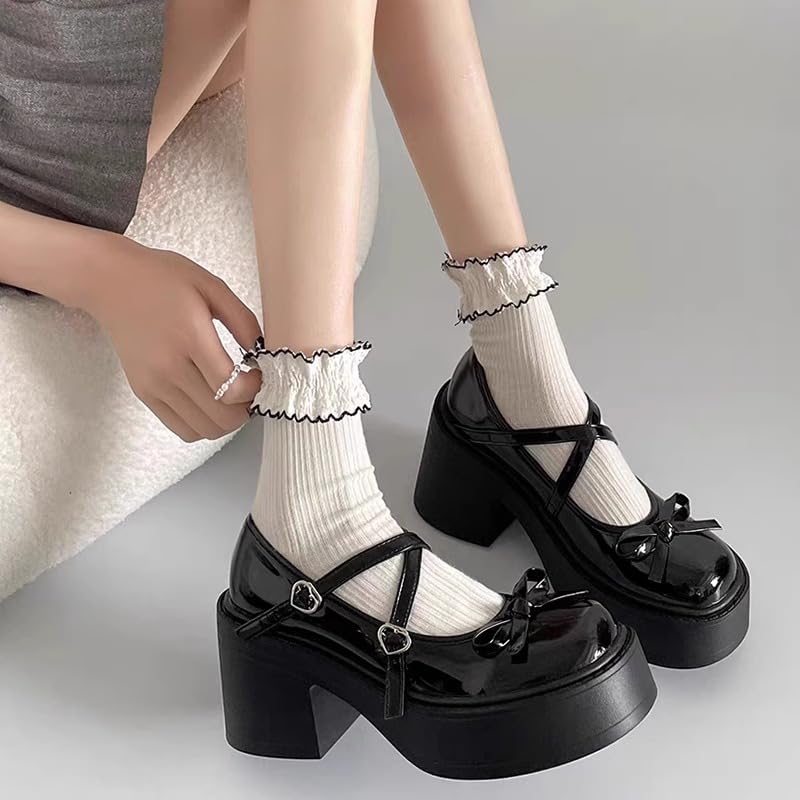 Women's Cute Bow Mary Jane Shoes Kawaii Cross Strap Round-Toe Chunky Wedge Pumps Casual Platform Shoes Cosplay Costume2