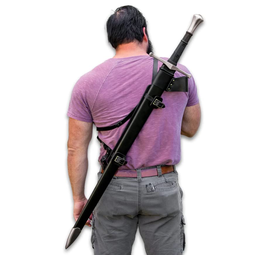 HONSHU Over-The-Shoulder Scabbard Harness – Tough Leather Construction, Metal Buckles, Fully Adjustable – Ideal for Carrying Honshu Broadsword - 15 3/4” Length, Stainless Steel, Black