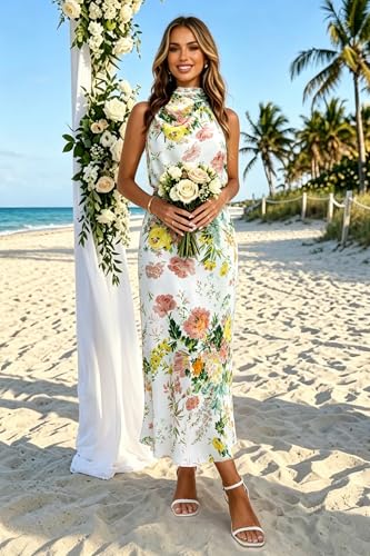 Image of Women's Satin Maxi Dress Summer Formal Wedding Guest Cocktail Dress | Mock Neck Sleeveless,Elegant Silk Midi Long Dress,High Neck,Halter,Aline,Bridesmaid,Bridal Shower Guest,Garden Party,Dinner