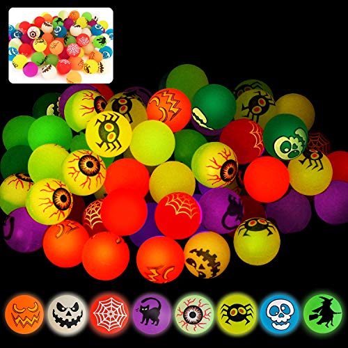 SpringFlower 72 Glow in The Dark Bouncing Balls,8 Halloween Theme Designs, for Halloween Bouncy Party Favor Supplies, School Classroom Game Rewards, Trick or Treating Goodie, Halloween Miniatures, Halloween Prizes(with pouch bag)