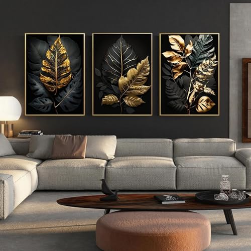 Décoration d'intérieur salon moderne avec triptyque affiches murales imprimées feuilles
